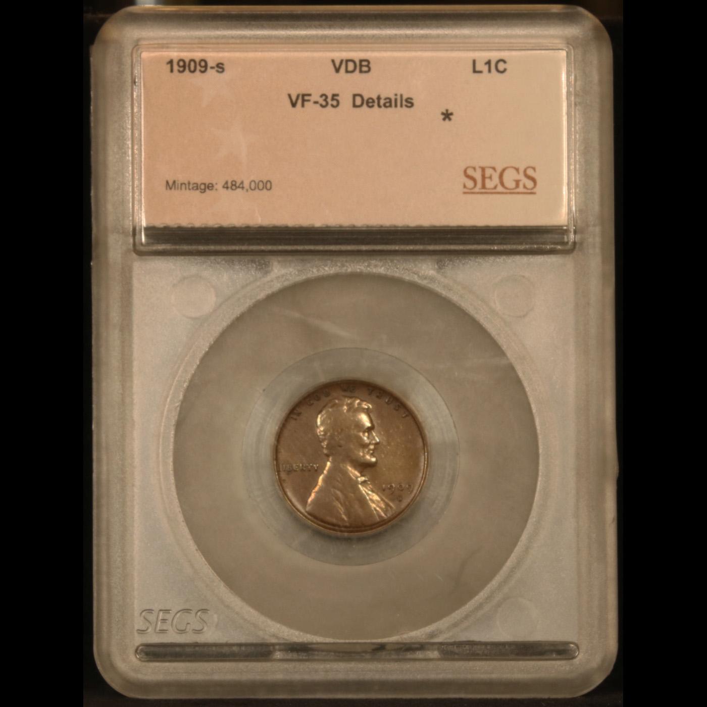 ***Auction Highlight*** 1909-s vdb Lincoln Cent 1c Graded vf35 details By SEGS (fc)