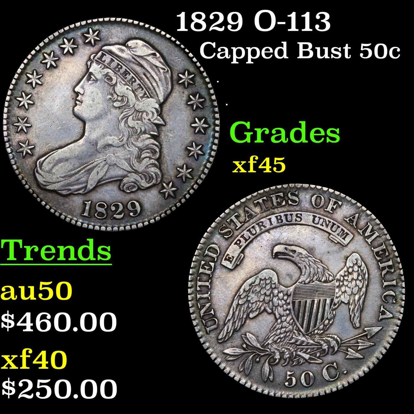 1829 O-113 Capped Bust Half Dollar 50c Grades xf+