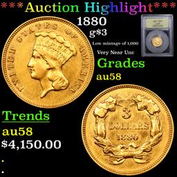 ***Auction Highlight*** 1880 Three Dollar Gold 3 Graded Choice AU/BU Slider BY USCG (fc)