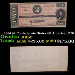 1864 $2 Confederate States Of America, T-70 Grades Select AU