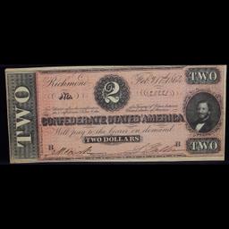 1864 $2 Confederate States Of America, T-70 Grades Select AU