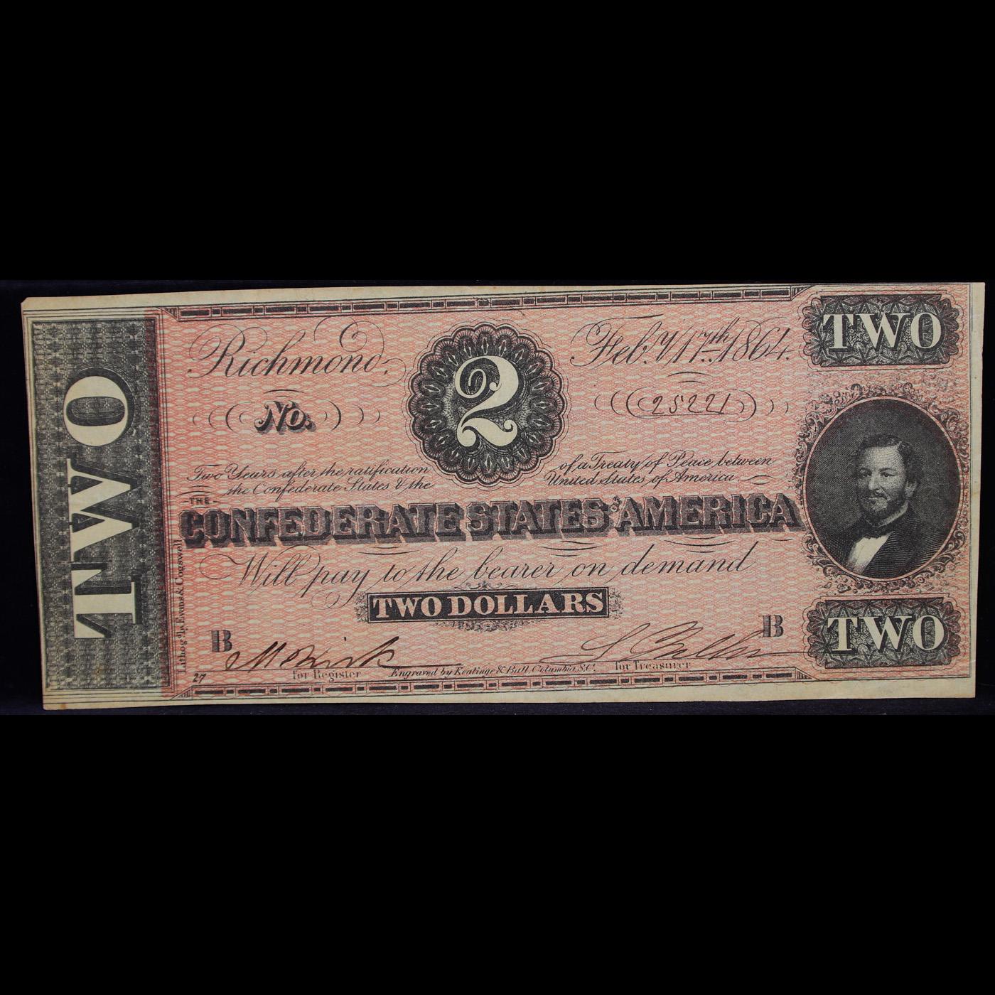 1864 $2 Confederate States Of America, T-70 Grades Select AU