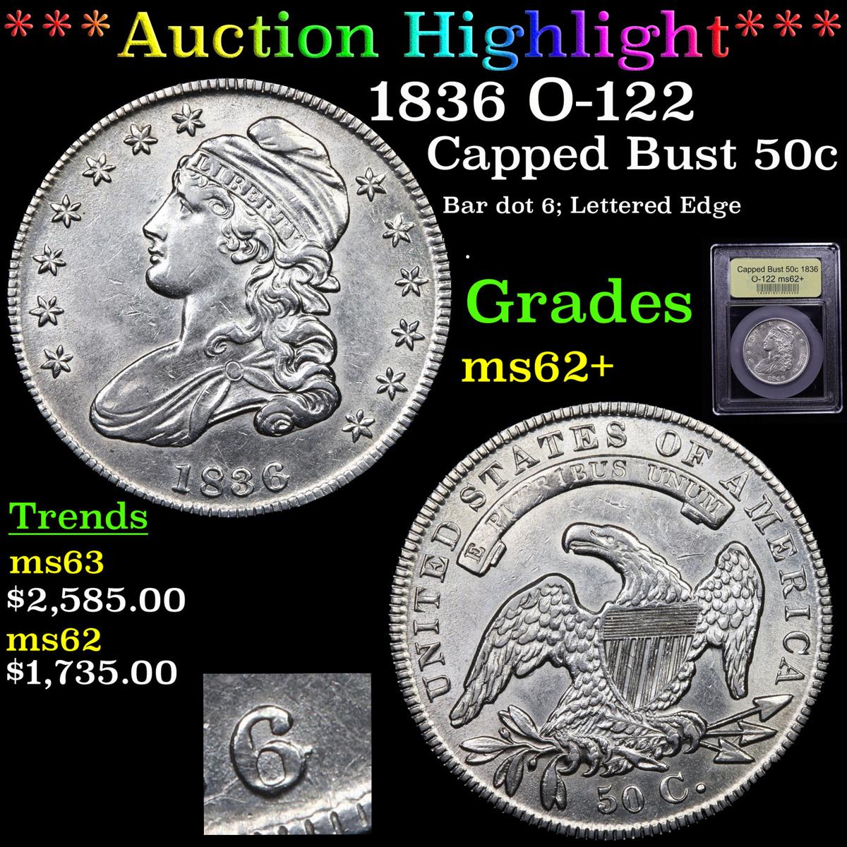 ***Auction Highlight*** 1836 O-122 Capped Bust Half Dollar 50c Graded Select Unc By USCG (fc)