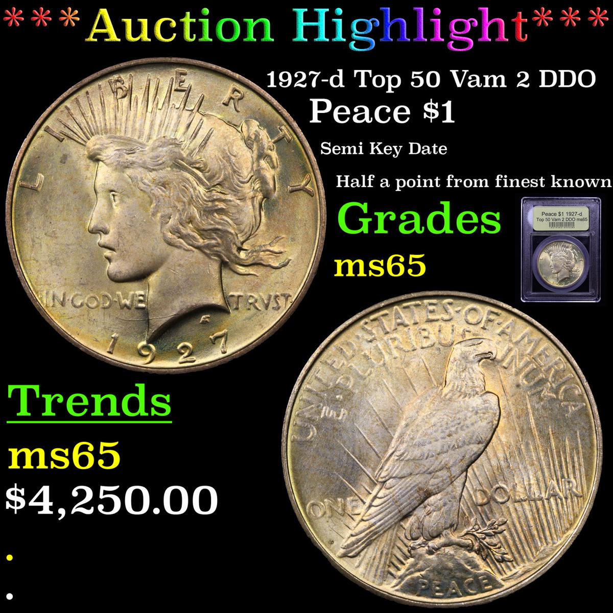 *HIGHLIGHT OF NIGHT* 1927-d Top 50 Vam 2 DDO Peace Dollar $1 Graded GEM Unc By USCG (fc)