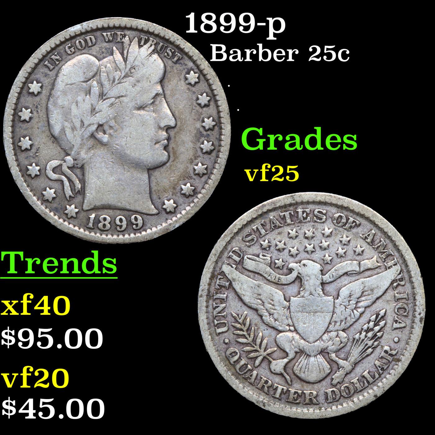 1899-p Barber Quarter 25c Grades vf+