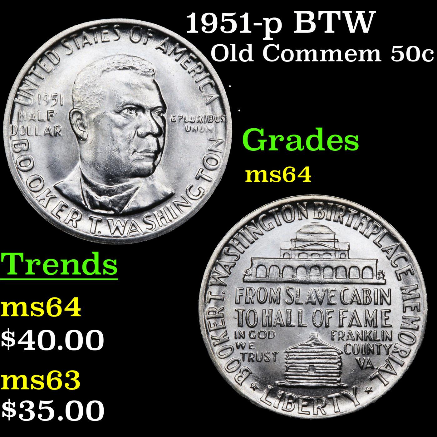 1951-p BTW Old Commem Half Dollar 50c Grades Choice Unc