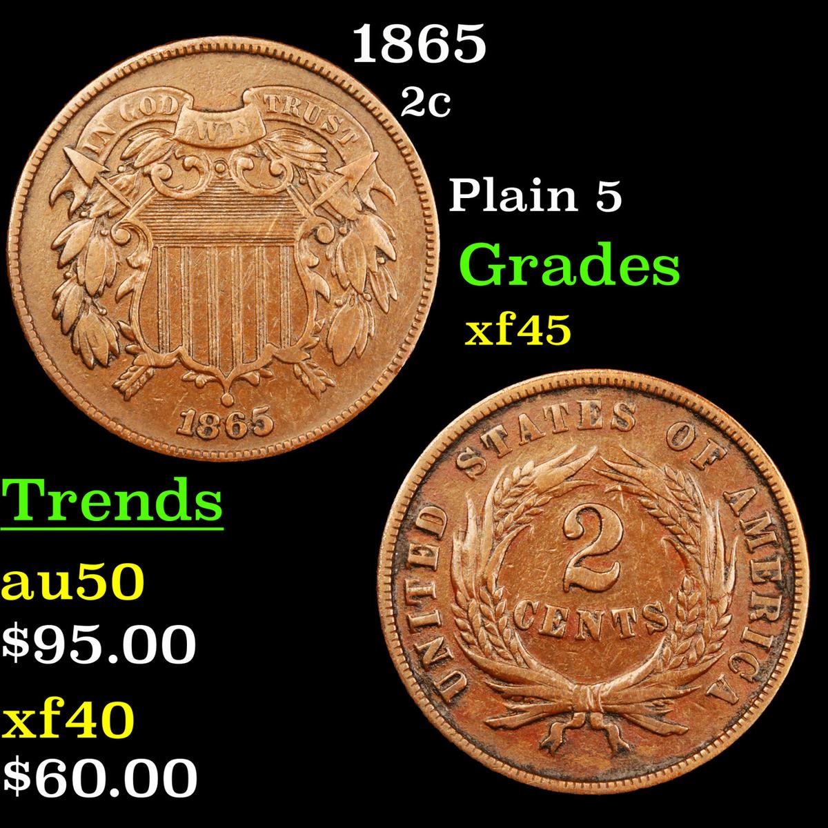 1865 Two Cent Piece 2c Grades xf+