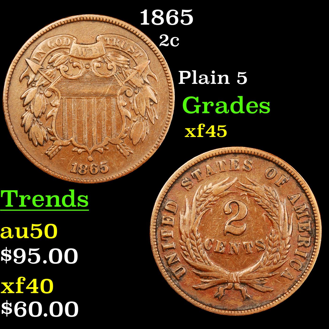1865 Two Cent Piece 2c Grades xf+