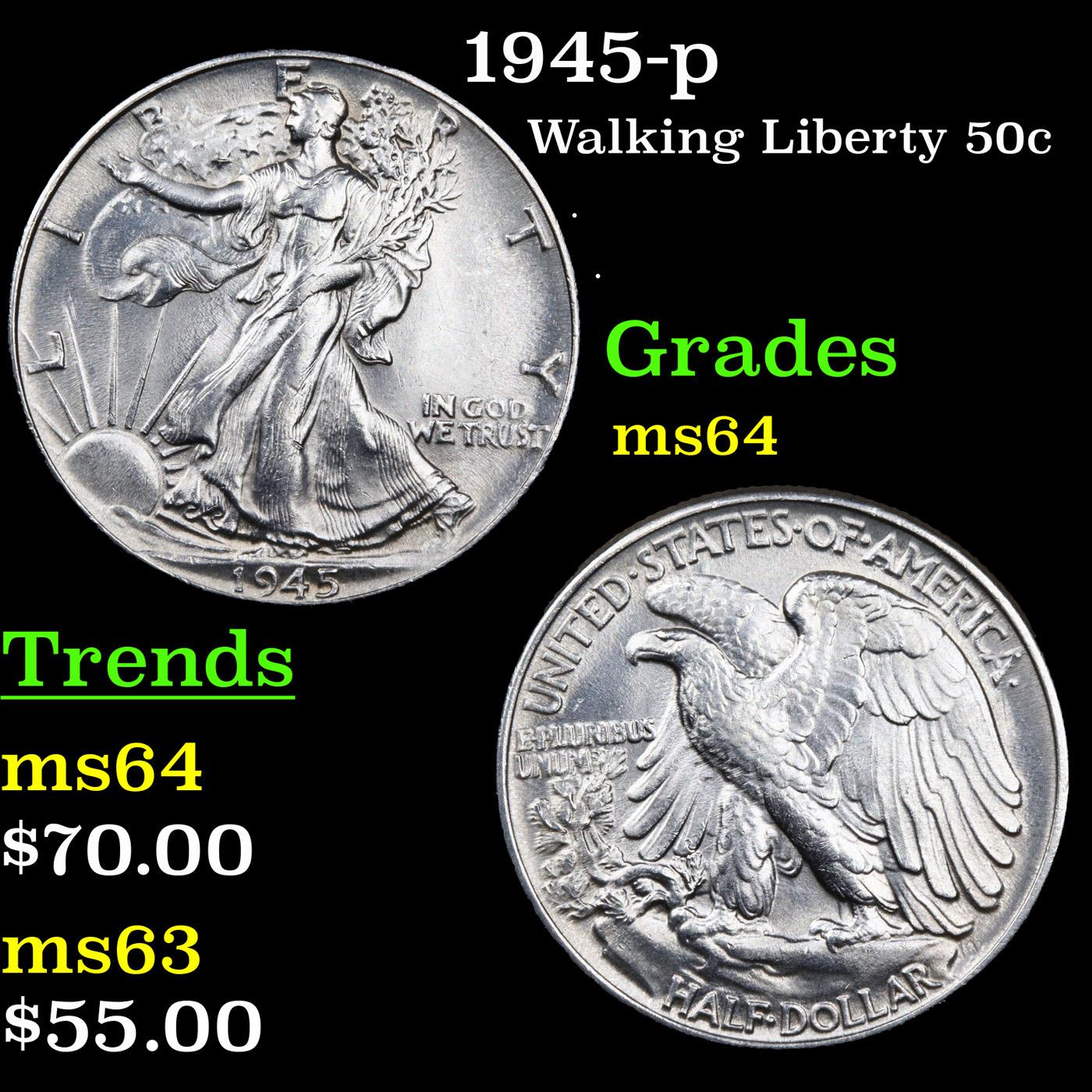 1945-p Walking Liberty Half Dollar 50c Grades Choice Unc