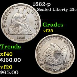 1862-p Seated Liberty Quarter 25c Grades vf++