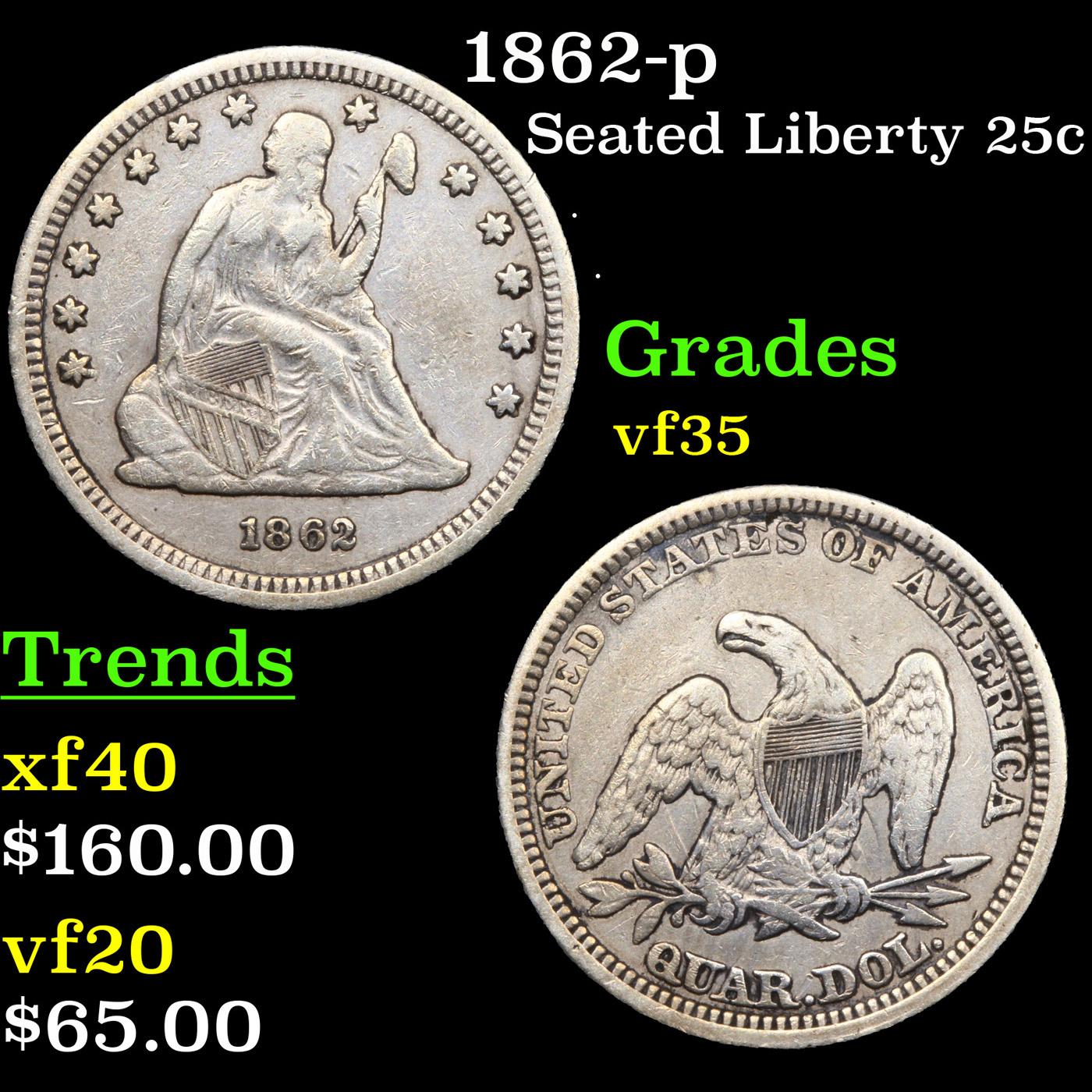1862-p Seated Liberty Quarter 25c Grades vf++