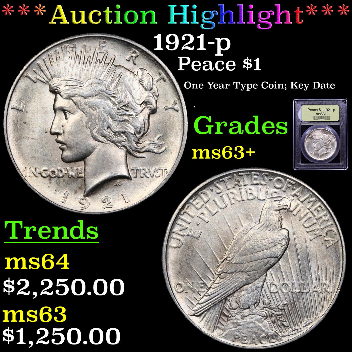 ***Auction Highlight*** 1921-p Peace Dollar $1 Graded Select+ Unc By USCG (fc)
