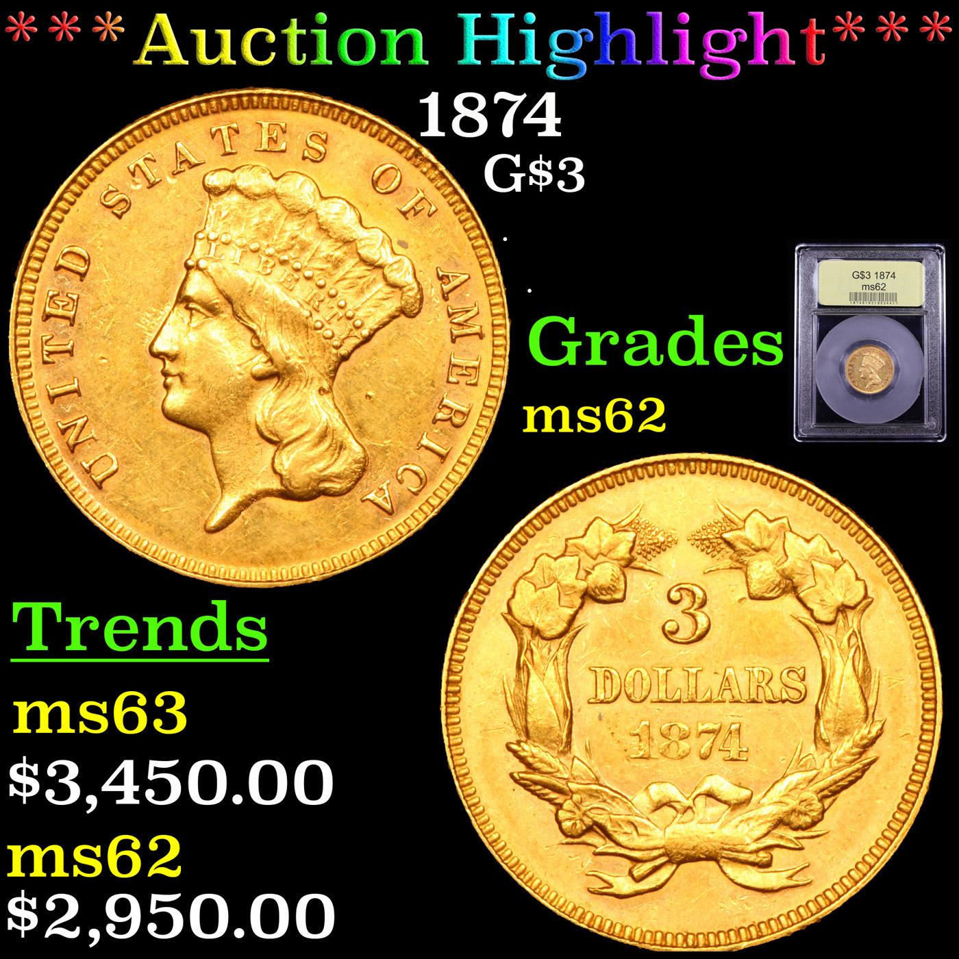 ***Auction Highlight*** 1874 Three Dollar Gold 3 Graded Select Unc By USCG (fc)