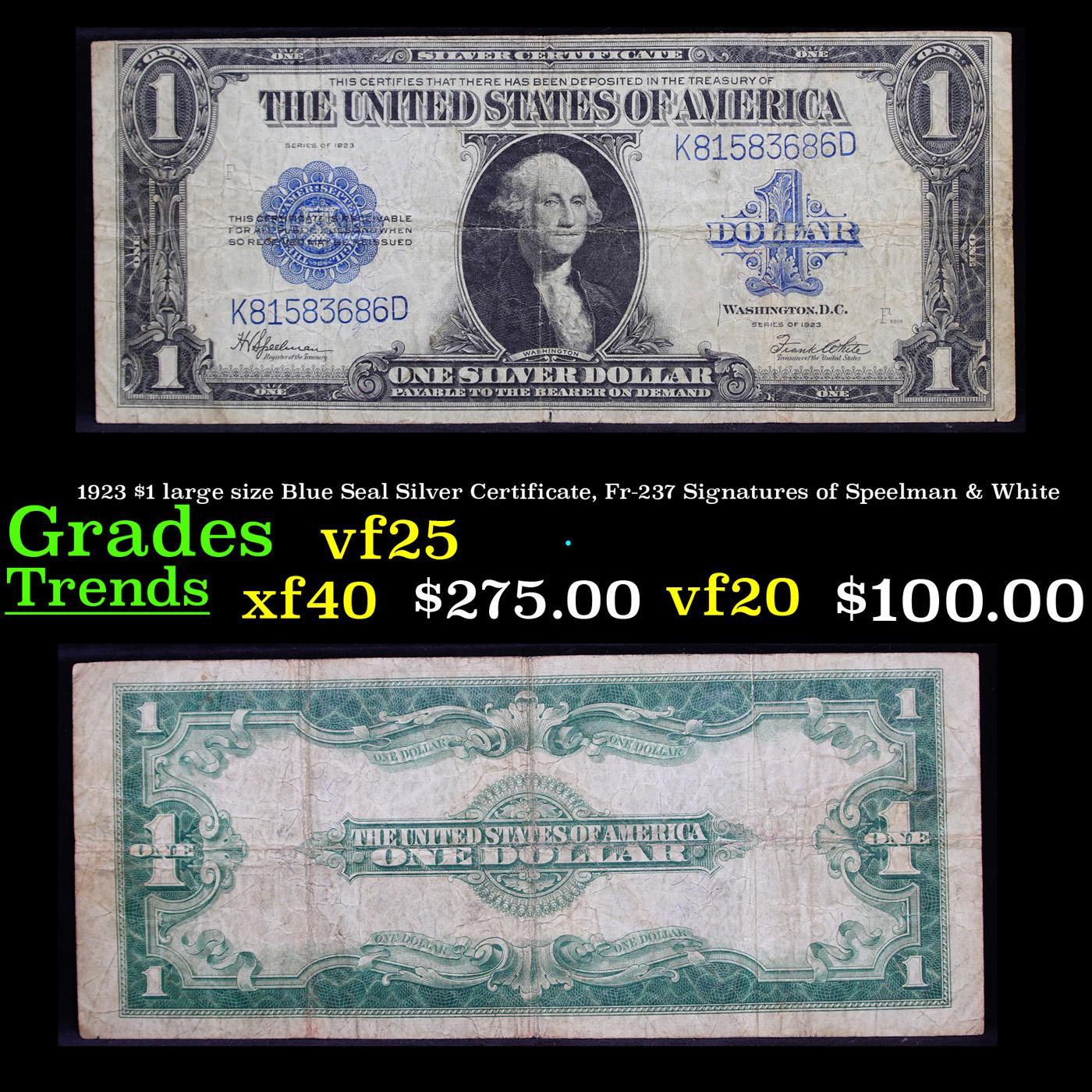 1923 $1 large size Blue Seal Silver Certificate, Fr-237 Signatures of Speelman & White Grades vf+