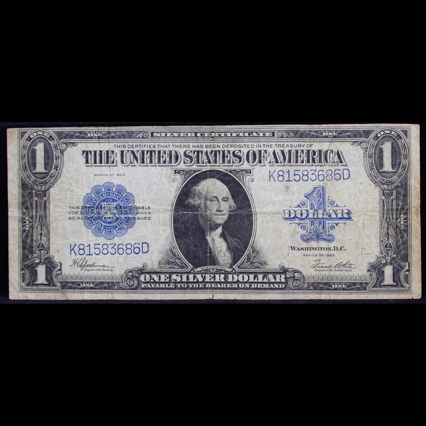 1923 $1 large size Blue Seal Silver Certificate, Fr-237 Signatures of Speelman & White Grades vf+