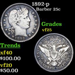 1892-p Barber Quarter 25c Graded vf+