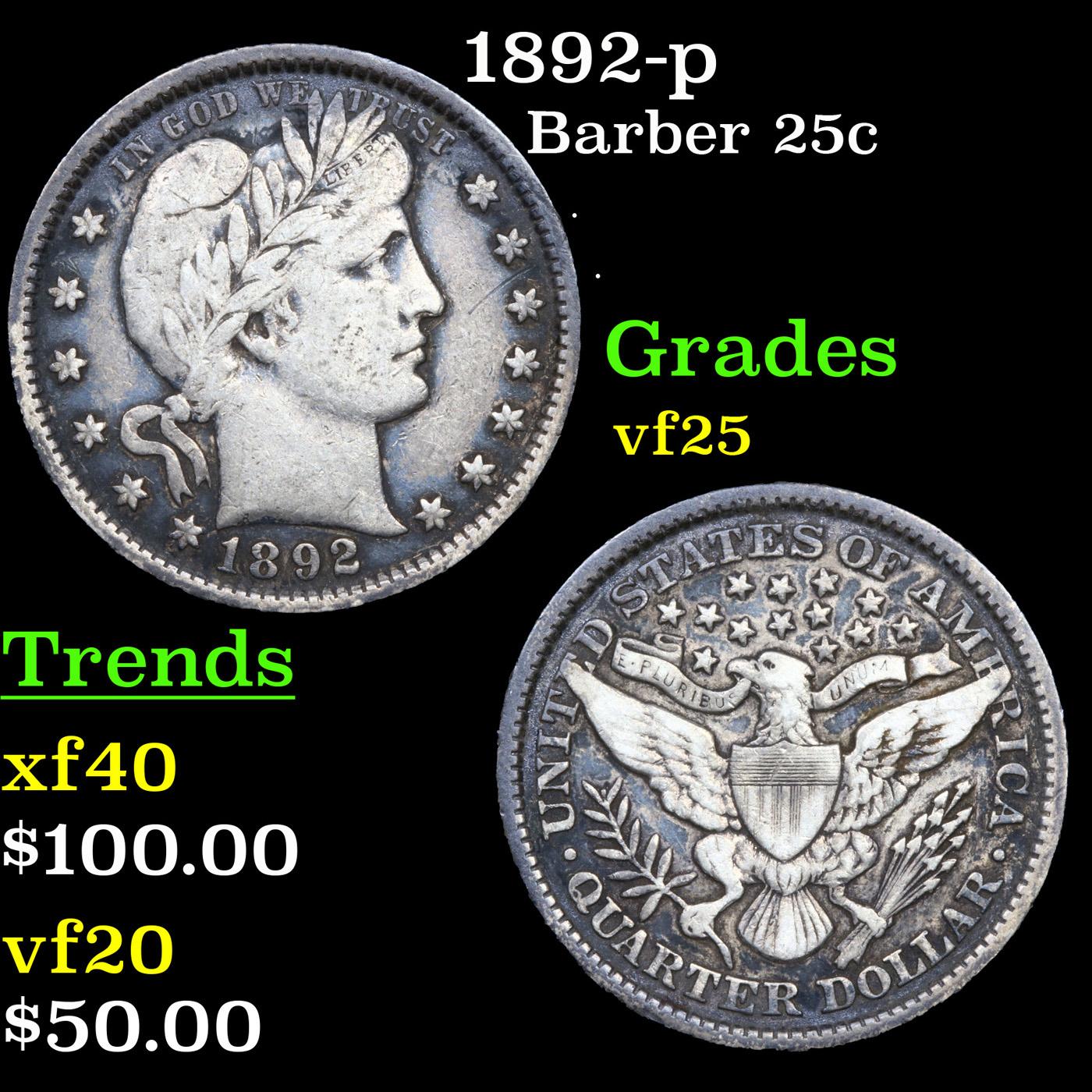 1892-p Barber Quarter 25c Graded vf+