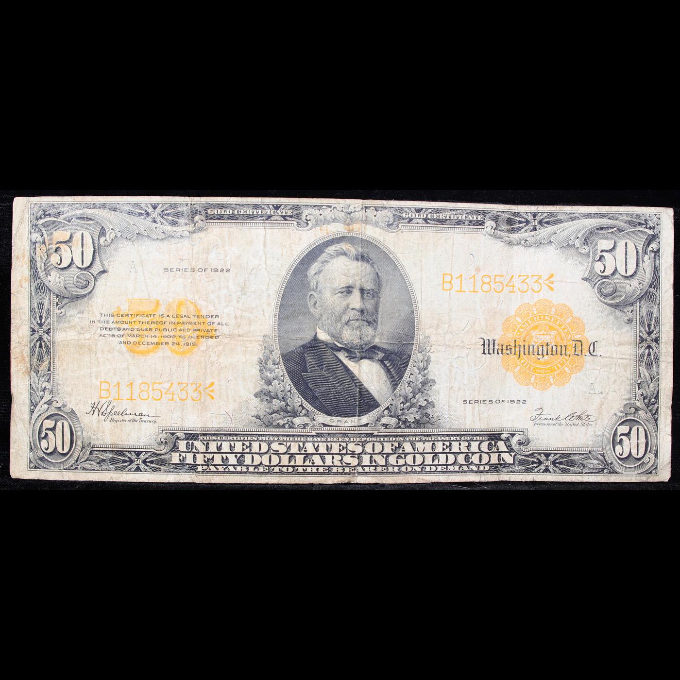 ***Auction Highlight*** 1922 $50 Large Size Gold Certificate Ulysses S. Grant FR-1200 Grades vf, ver