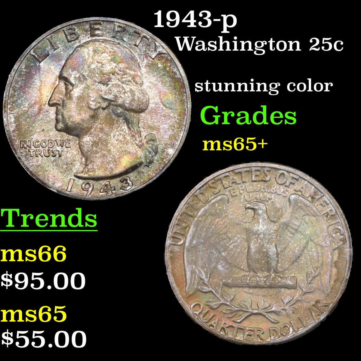 1943-p Washington Quarter 25c Graded GEM+ Unc