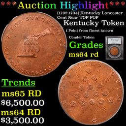 ***Auction Highlight*** PCGS (1792-1794) Kentucky Lancaster Cent Near TOP POP 1c Graded ms64 rd By P