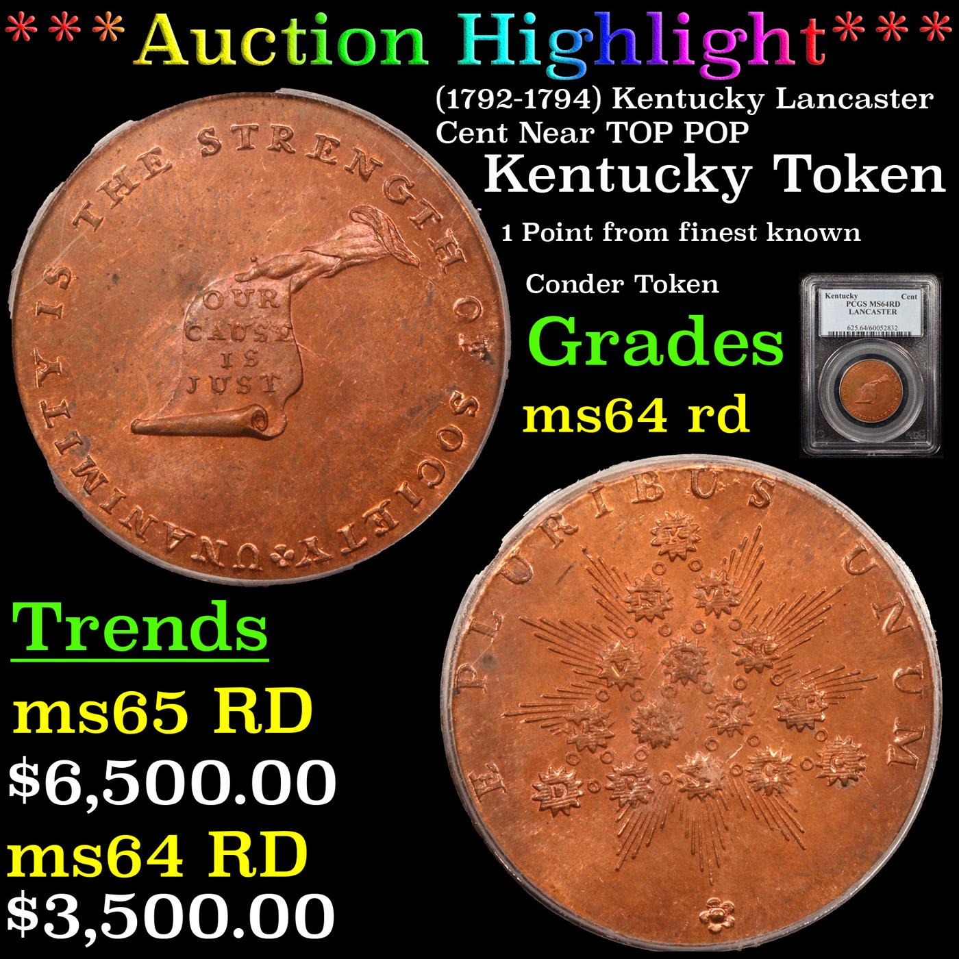 ***Auction Highlight*** PCGS (1792-1794) Kentucky Lancaster Cent Near TOP POP 1c Graded ms64 rd By P