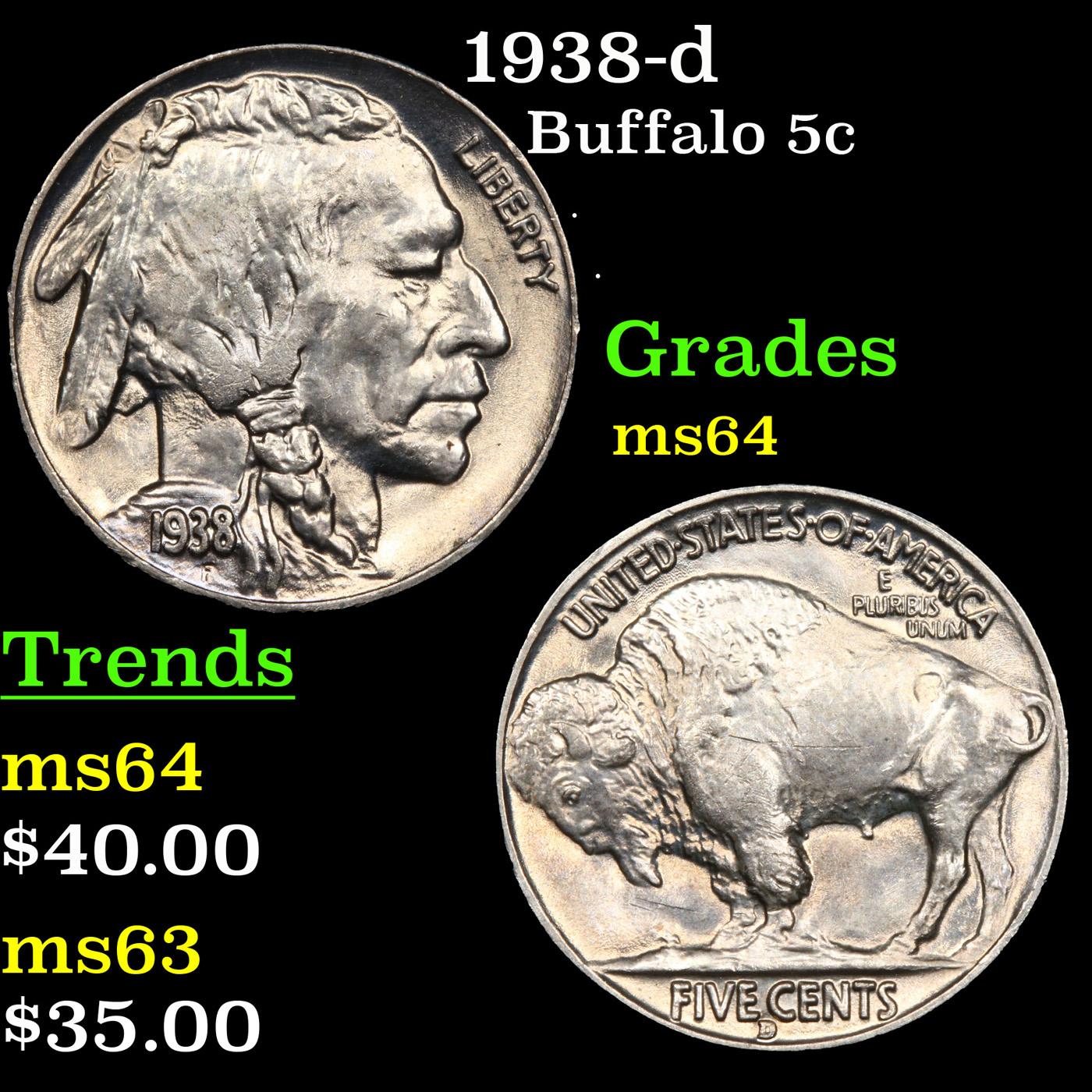 1938-d Buffalo Nickel 5c Grades Choice Unc