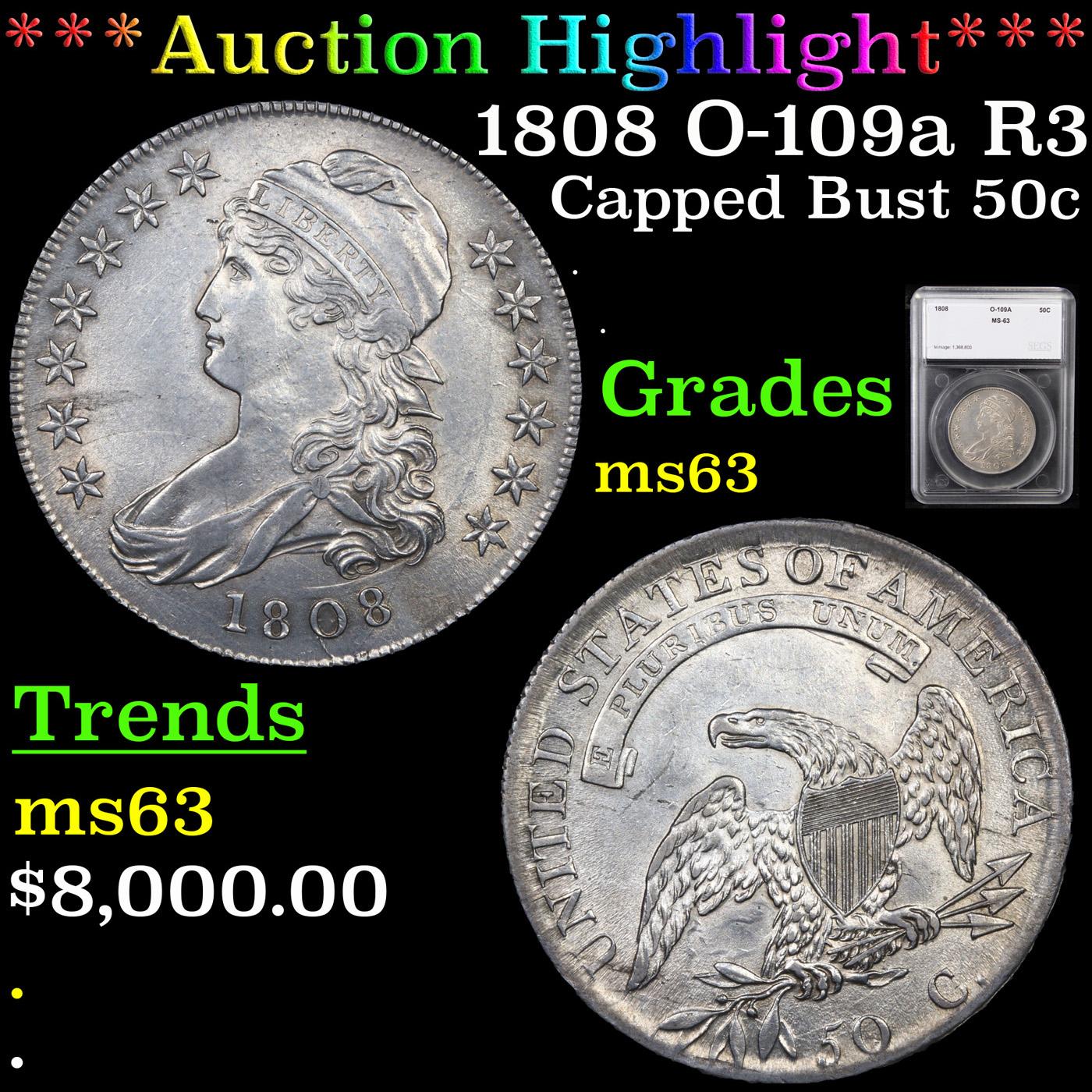 ***Auction Highlight*** 1808 O-109a R3 Capped Bust Half Dollar 50c Graded ms63 By SEGS (fc)