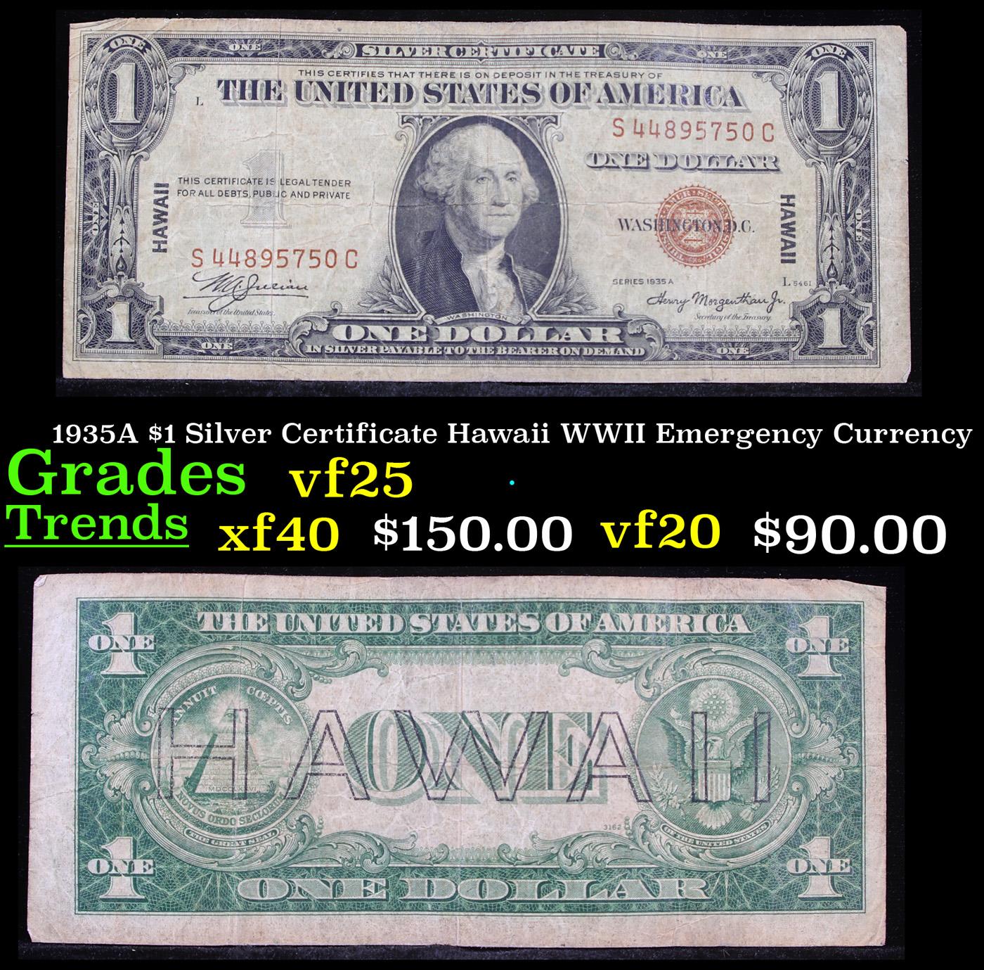 1935A $1 Silver Certificate Hawaii WWII Emergency Currency Grades vf+