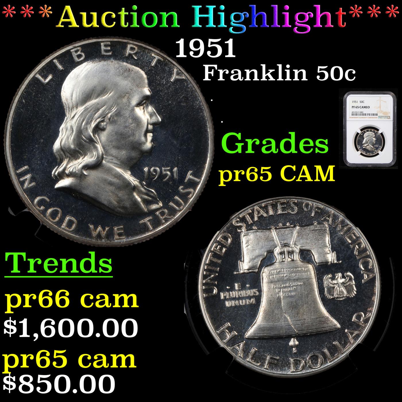 Proof ***Auction Highlight*** NGC 1951 Franklin Half Dollar 50c Graded pr65 CAM By NGC (fc)