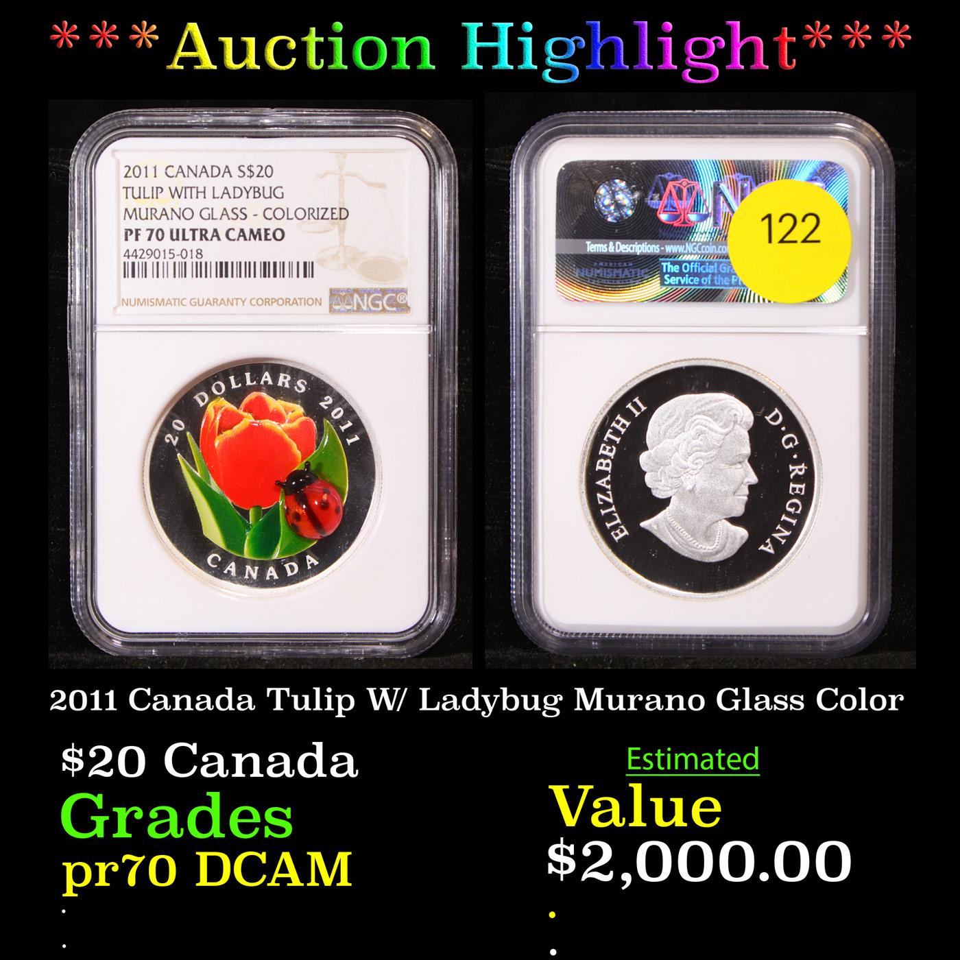 Proof ***Auction Highlight*** NGC 2011 Canada Tulip W/ Ladybug Murano Glass Color 20 Graded pr70 DCA