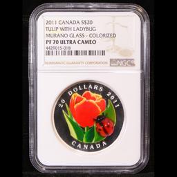 Proof ***Auction Highlight*** NGC 2011 Canada Tulip W/ Ladybug Murano Glass Color 20 Graded pr70 DCA