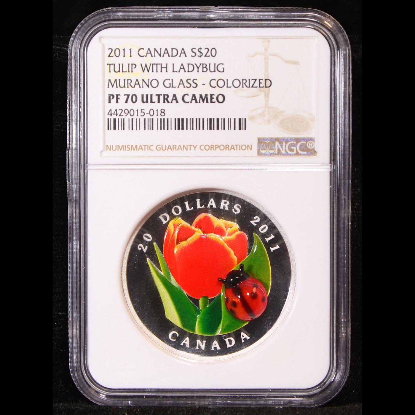 Proof ***Auction Highlight*** NGC 2011 Canada Tulip W/ Ladybug Murano Glass Color 20 Graded pr70 DCA