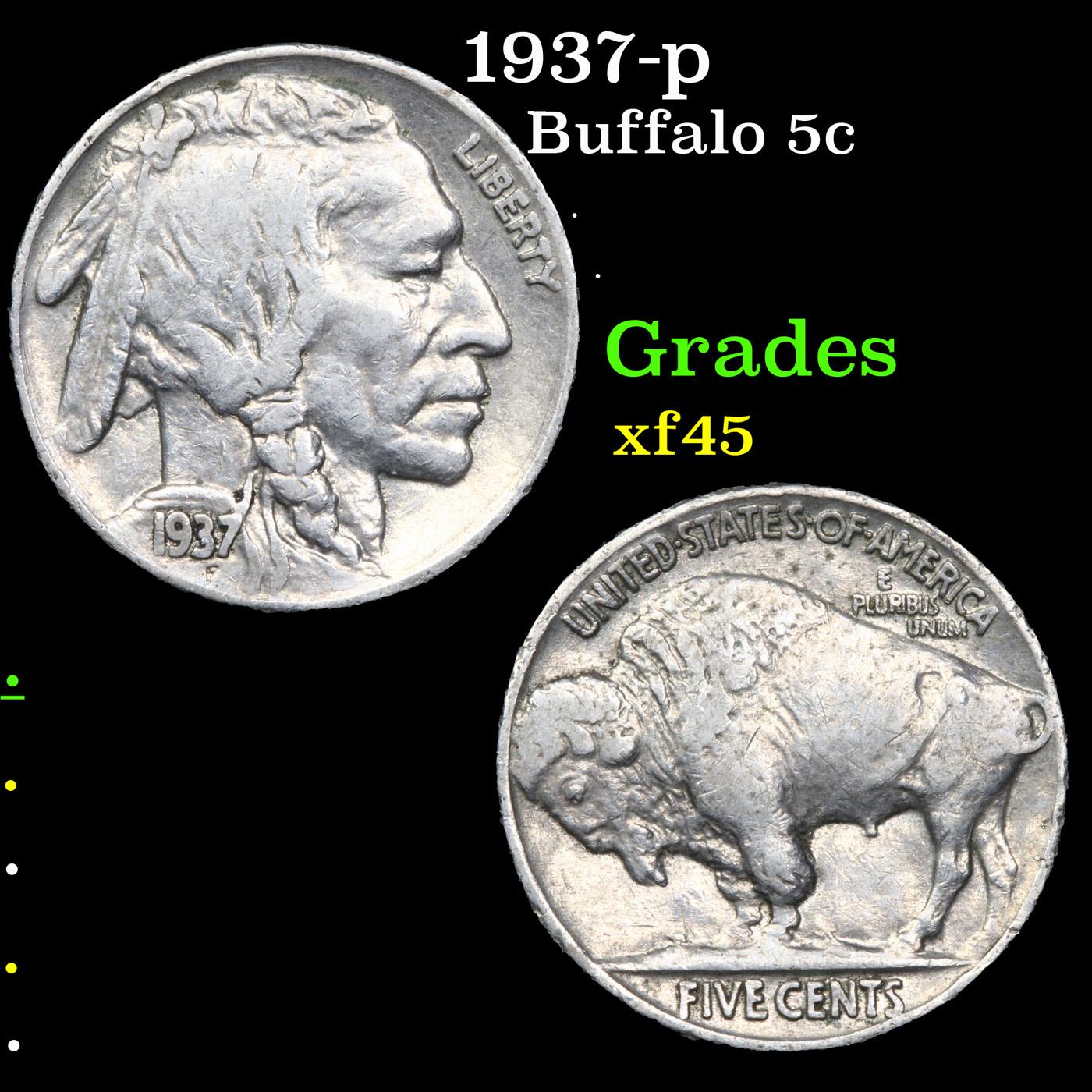 1937-p Buffalo Nickel 5c Grades xf+