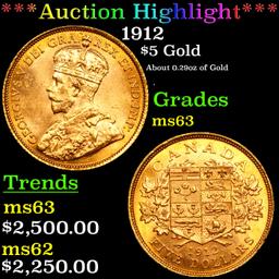 ***Auction Highlight*** 1912 $5 Gold Canadian Grades Select Unc (fc)