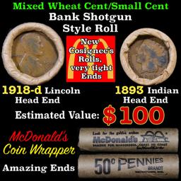 Mixed small cents 1c orig shotgun roll, 1918-d Wheat Cent, 1893 Indian Cent other end, Brandt Wrappe