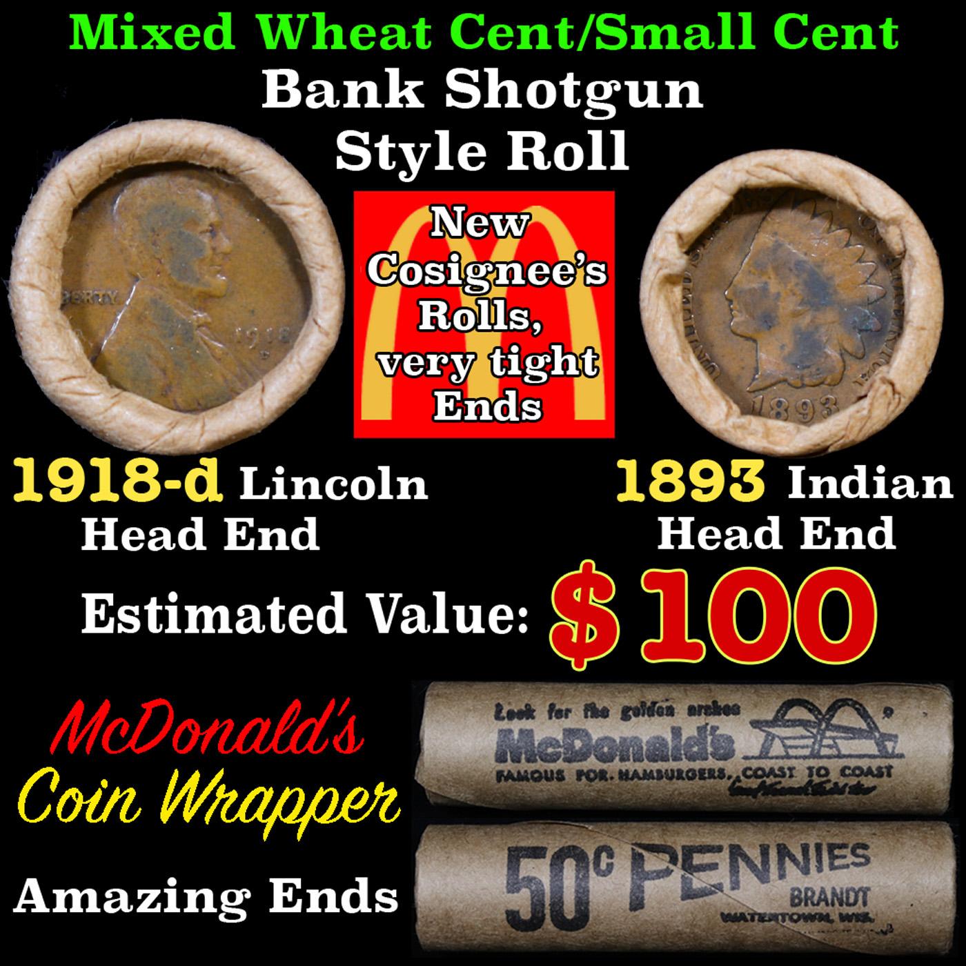 Mixed small cents 1c orig shotgun roll, 1918-d Wheat Cent, 1893 Indian Cent other end, Brandt Wrappe