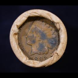 Mixed small cents 1c orig shotgun roll, 1918-d Wheat Cent, 1893 Indian Cent other end, Brandt Wrappe