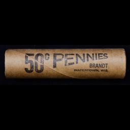 Mixed small cents 1c orig shotgun roll, 1918-d Wheat Cent, 1893 Indian Cent other end, Brandt Wrappe