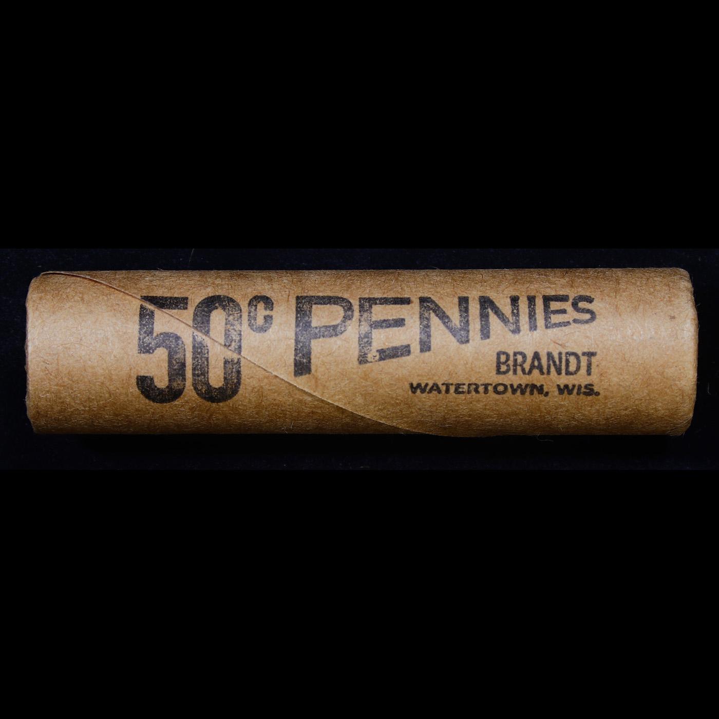 Mixed small cents 1c orig shotgun roll, 1918-d Wheat Cent, 1893 Indian Cent other end, Brandt Wrappe