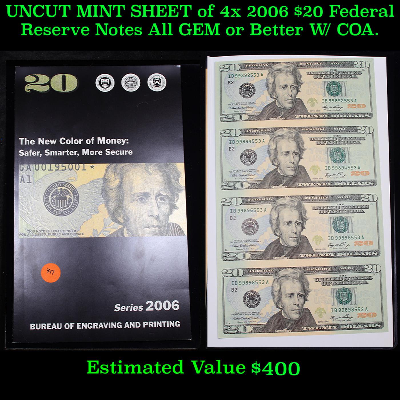UNCUT MINT SHEET of 4x 2006 $20 Federal Reserve Notes All GEM or Better W/ COA.