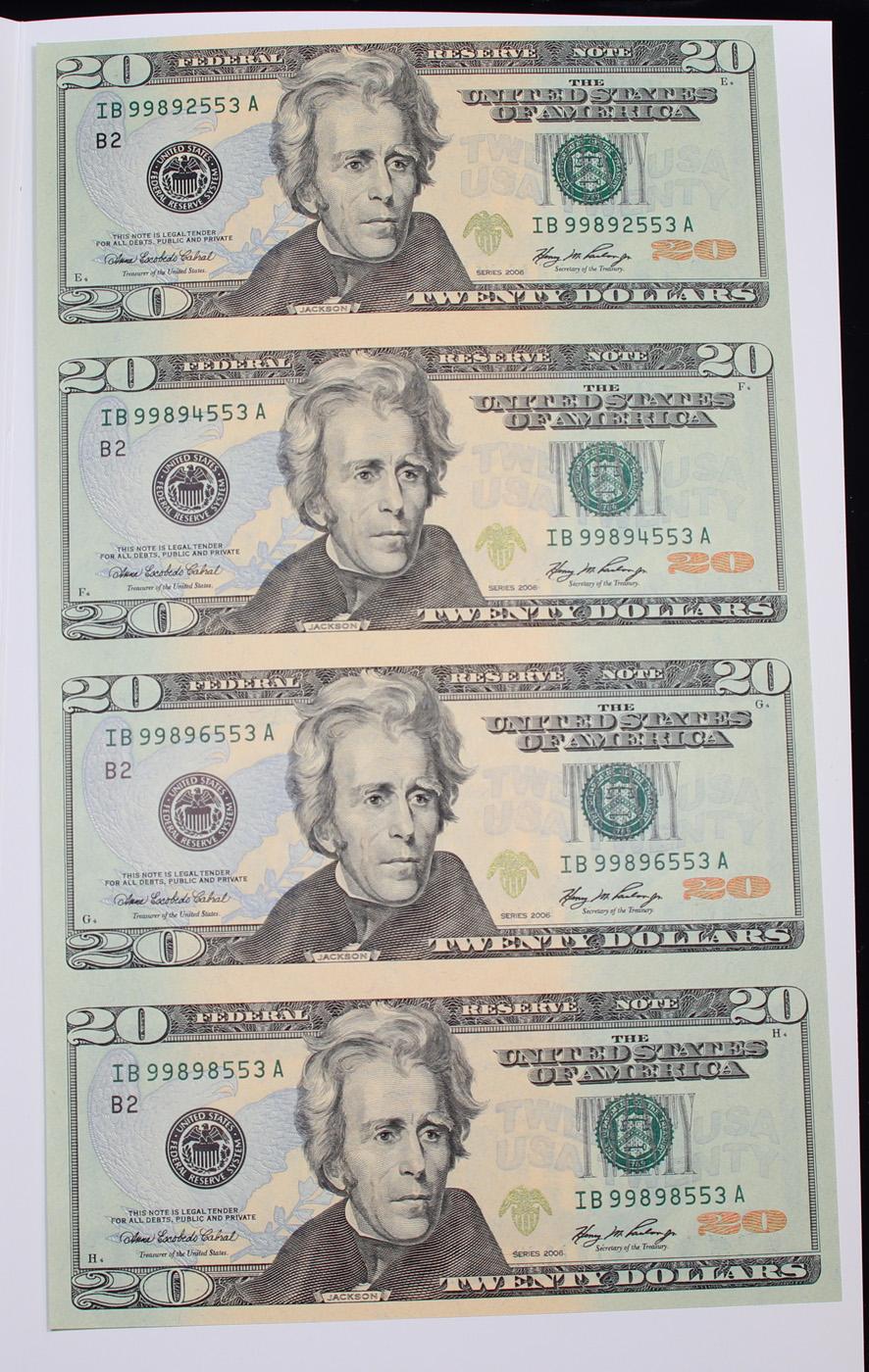 UNCUT MINT SHEET of 4x 2006 $20 Federal Reserve Notes All GEM or Better W/ COA.