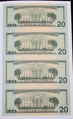 UNCUT MINT SHEET of 4x 2006 $20 Federal Reserve Notes All GEM or Better W/ COA.