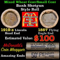 Mixed small cents 1c orig shotgun roll, 1919-s Wheat Cent, 1857 Flying Eagle other end, Brandt Wrapp