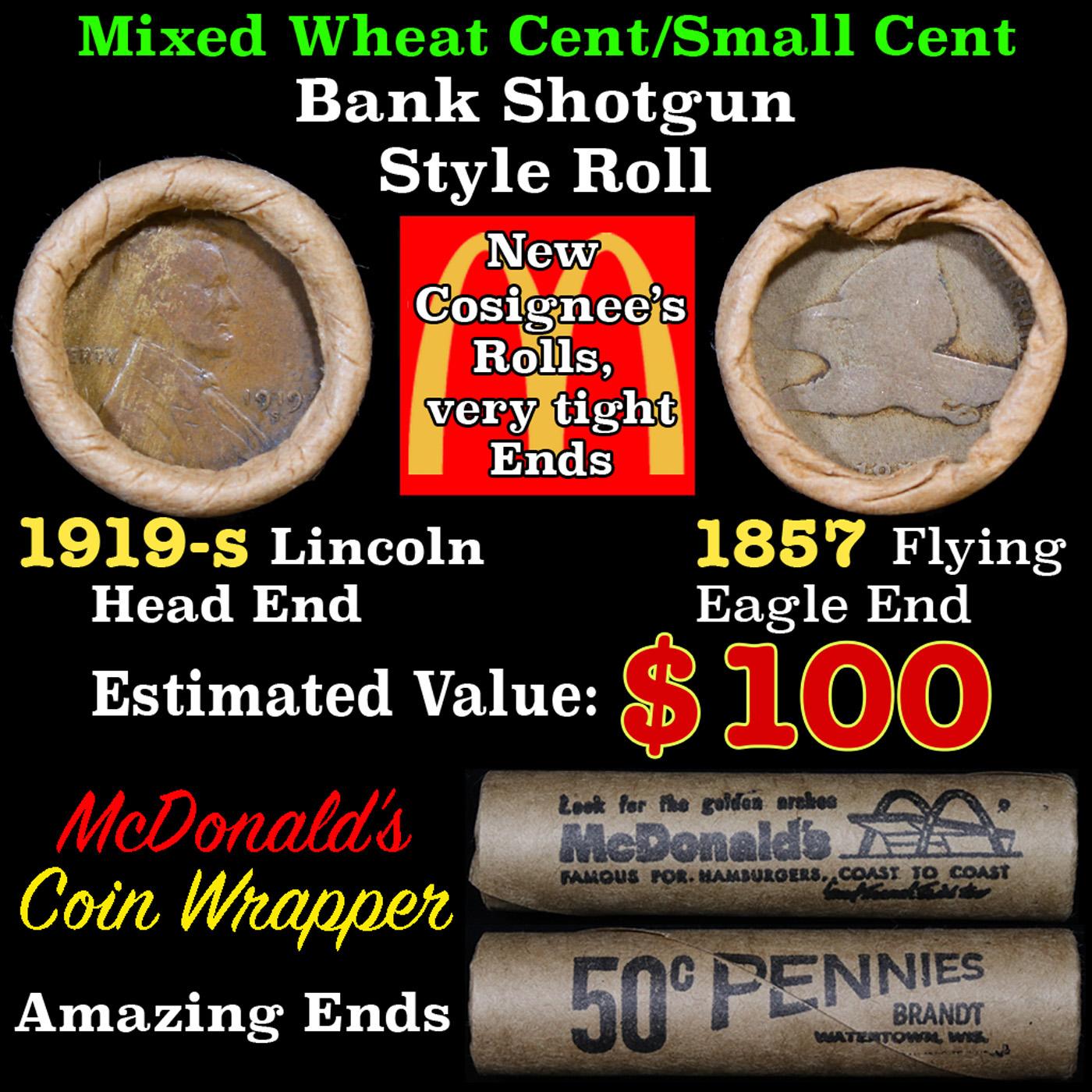 Mixed small cents 1c orig shotgun roll, 1919-s Wheat Cent, 1857 Flying Eagle other end, Brandt Wrapp