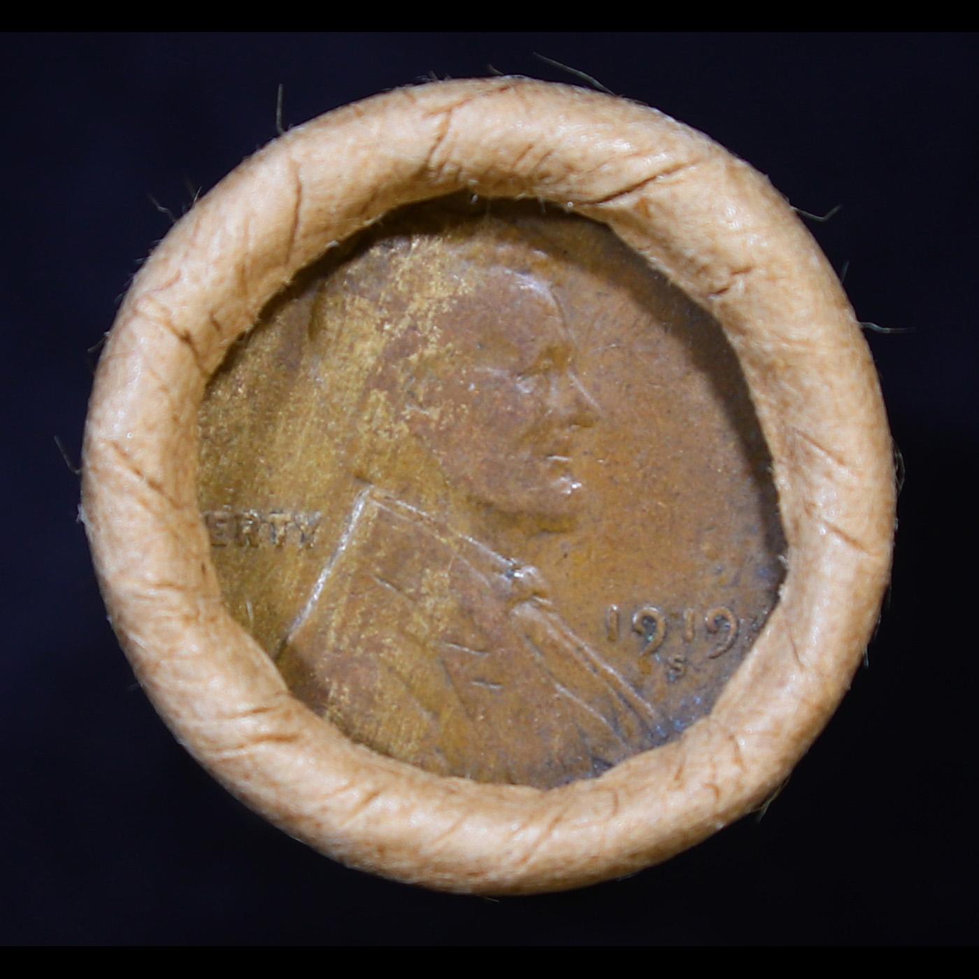 Mixed small cents 1c orig shotgun roll, 1919-s Wheat Cent, 1857 Flying Eagle other end, Brandt Wrapp
