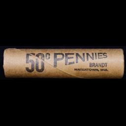 Mixed small cents 1c orig shotgun roll, 1919-s Wheat Cent, 1857 Flying Eagle other end, Brandt Wrapp