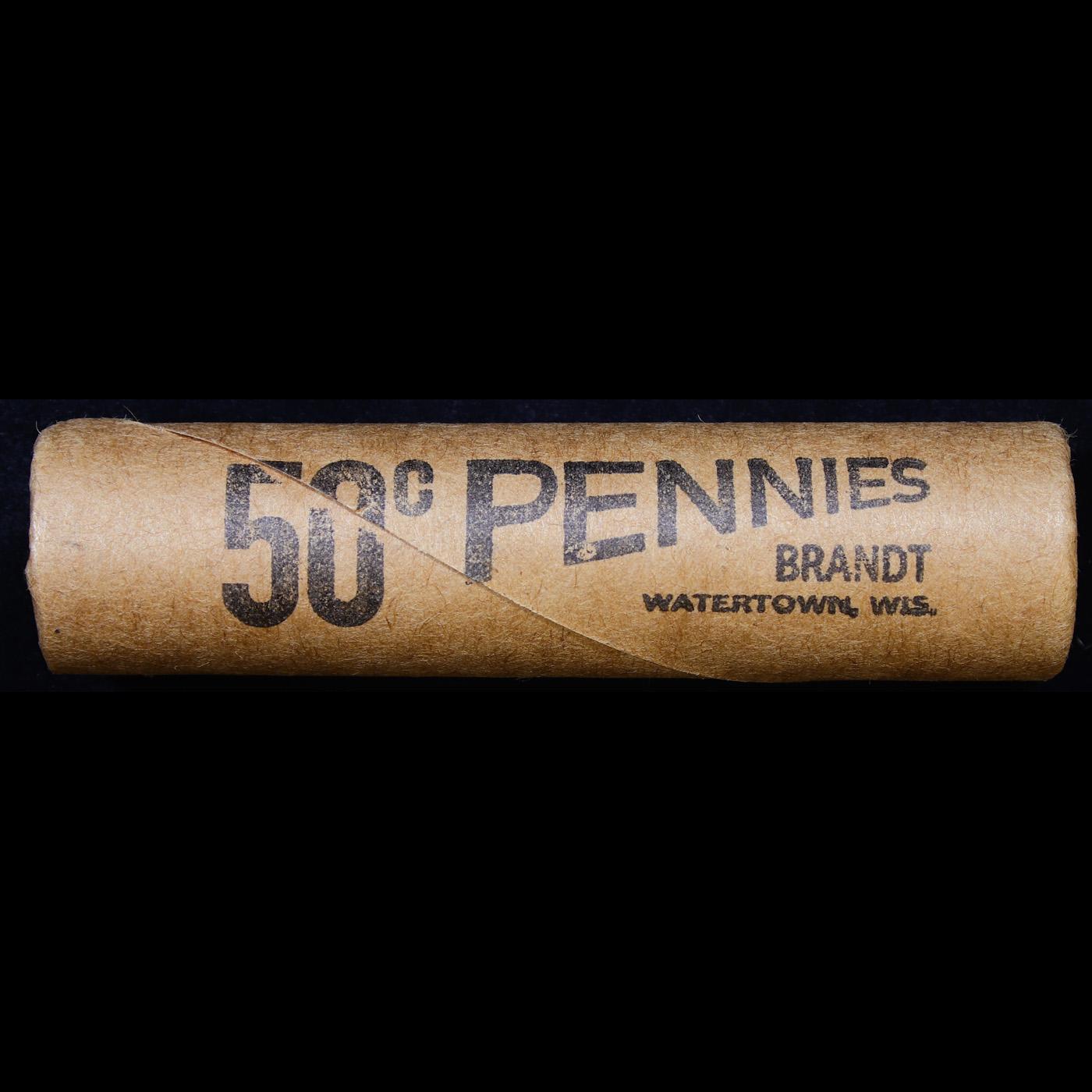 Mixed small cents 1c orig shotgun roll, 1919-s Wheat Cent, 1857 Flying Eagle other end, Brandt Wrapp