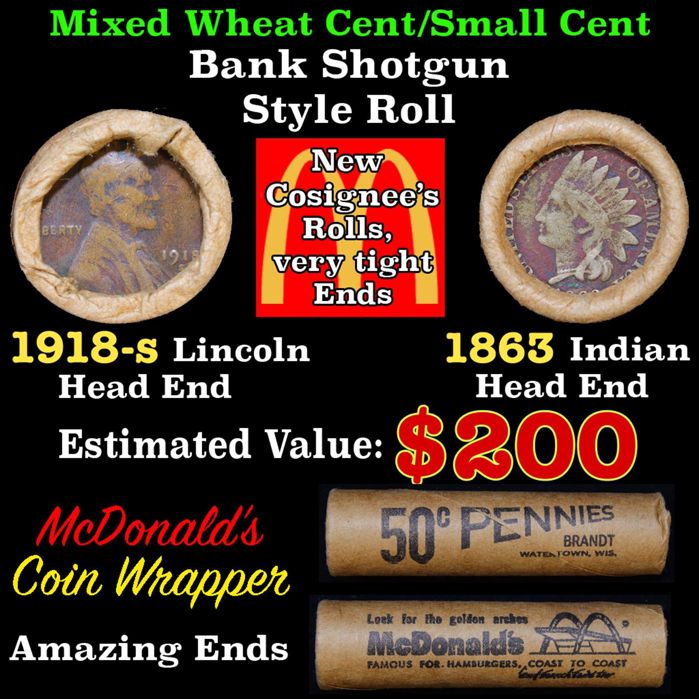 Mixed small cents 1c orig shotgun roll Bandt McDonalds, 1918-s Wheat Cent, 1863 Indian Cent other en
