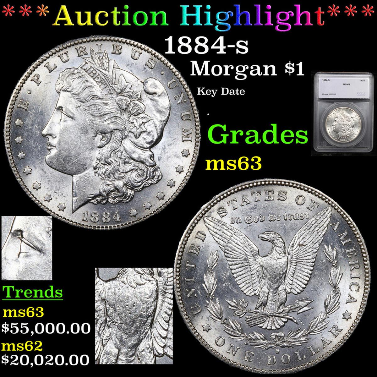 ***Auction Highlight*** 1884-s Morgan Dollar $1 Graded ms63 By SEGS (fc)
