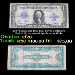 1923 $1 large size Blue Seal Silver Certificate, Fr-237 Signatures of Speelman & White Grades vf, ve